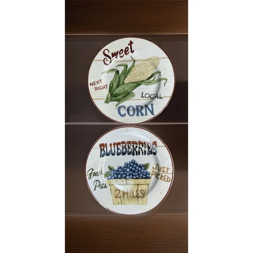 Home Trends FARM FRESH Set/2 Salad Plates Corn & Blueberries Farmhouse Decor